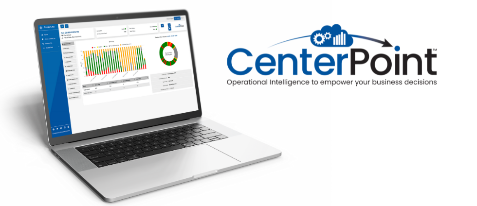 Laptop showing CenterPoint's dashboards and the CenterPoint logo.